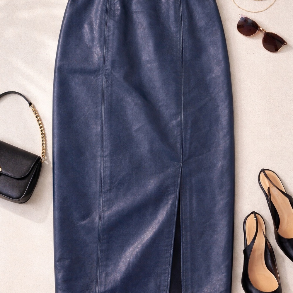 Vintage 90s genuine leather Navy Blue Pencil Skirt
